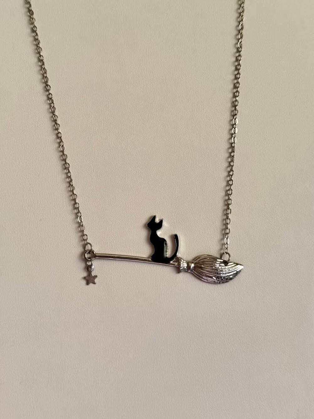 Halloween Witch Broom Cat Necklace